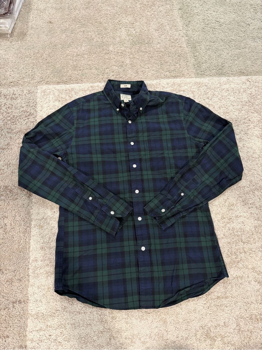 J. Crew Mens Green & Navy Plaid Button-Down Shirt